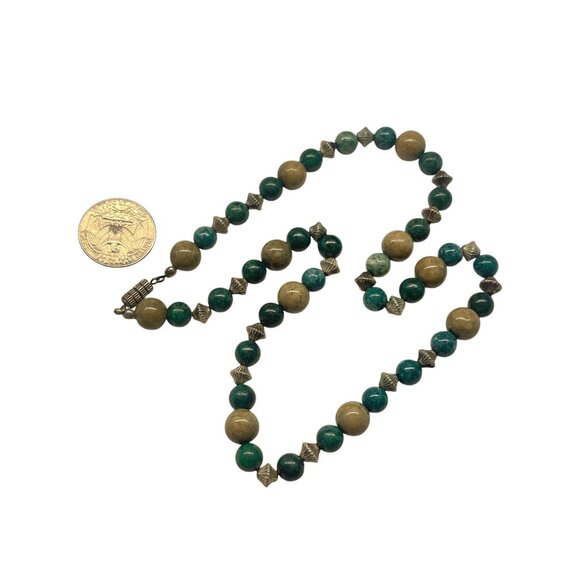 Vintage Green Jasper Beaded Necklace With Earthy Tones & Metal Accents - Picture 3 of 5